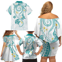 Polynesia Tribal Family Matching Off Shoulder Short Dress and Hawaiian Shirt Teal Plumeria Tentacles