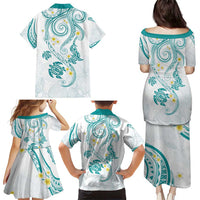 Polynesia Tribal Family Matching Puletasi and Hawaiian Shirt Teal Plumeria Tentacles