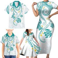 Polynesia Tribal Family Matching Short Sleeve Bodycon Dress and Hawaiian Shirt Teal Plumeria Tentacles