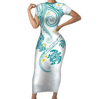 Polynesia Tribal Family Matching Short Sleeve Bodycon Dress and Hawaiian Shirt Teal Plumeria Tentacles