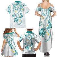 Polynesia Tribal Family Matching Summer Maxi Dress and Hawaiian Shirt Teal Plumeria Tentacles