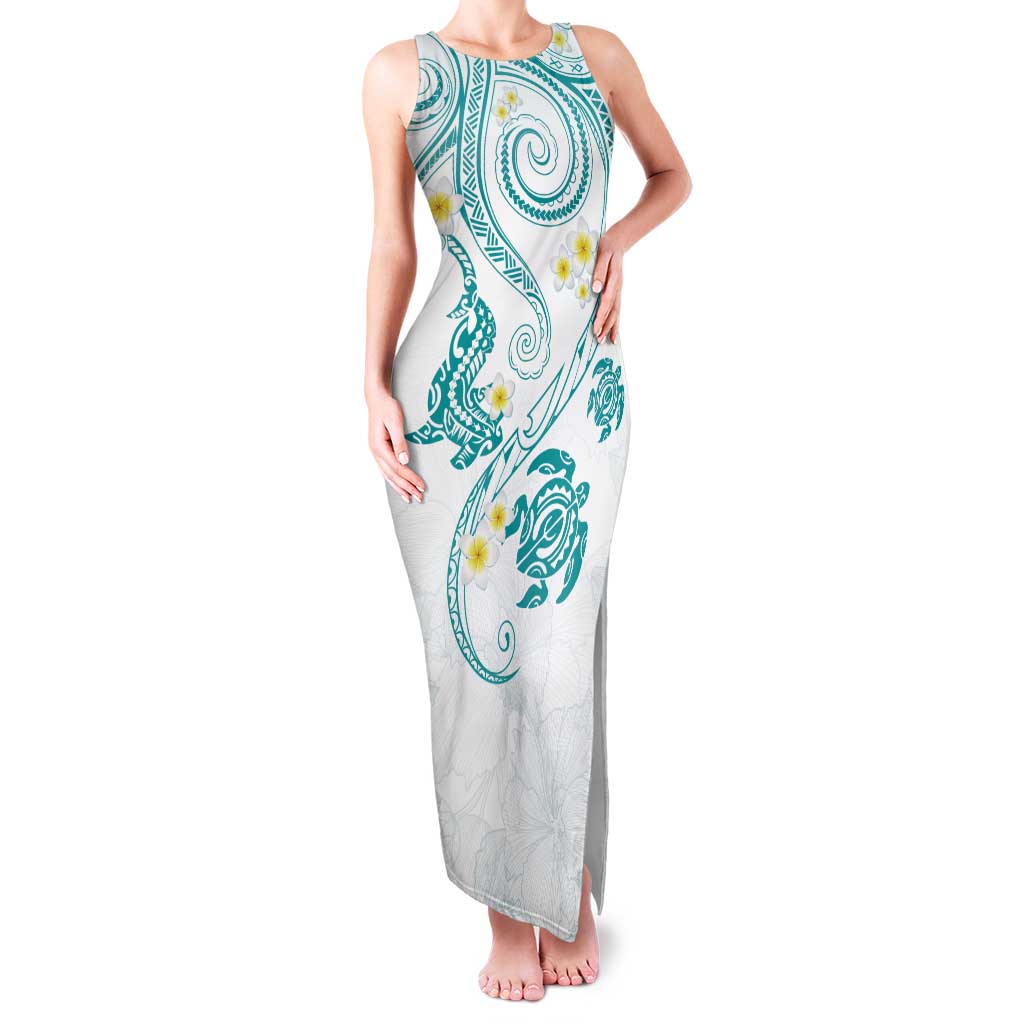 Polynesia Tribal Family Matching Tank Maxi Dress and Hawaiian Shirt Teal Plumeria Tentacles