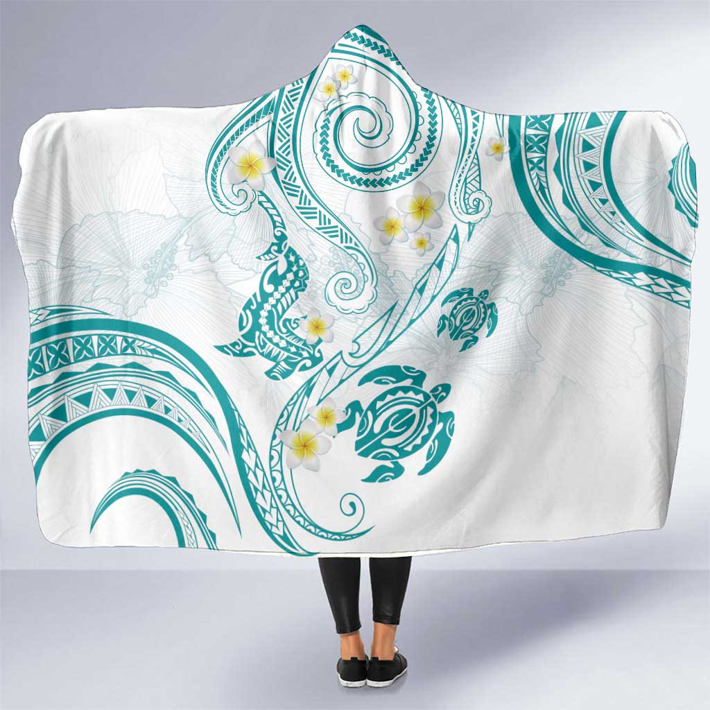 Polynesia Tribal Hooded Blanket Teal Plumeria Tentacles