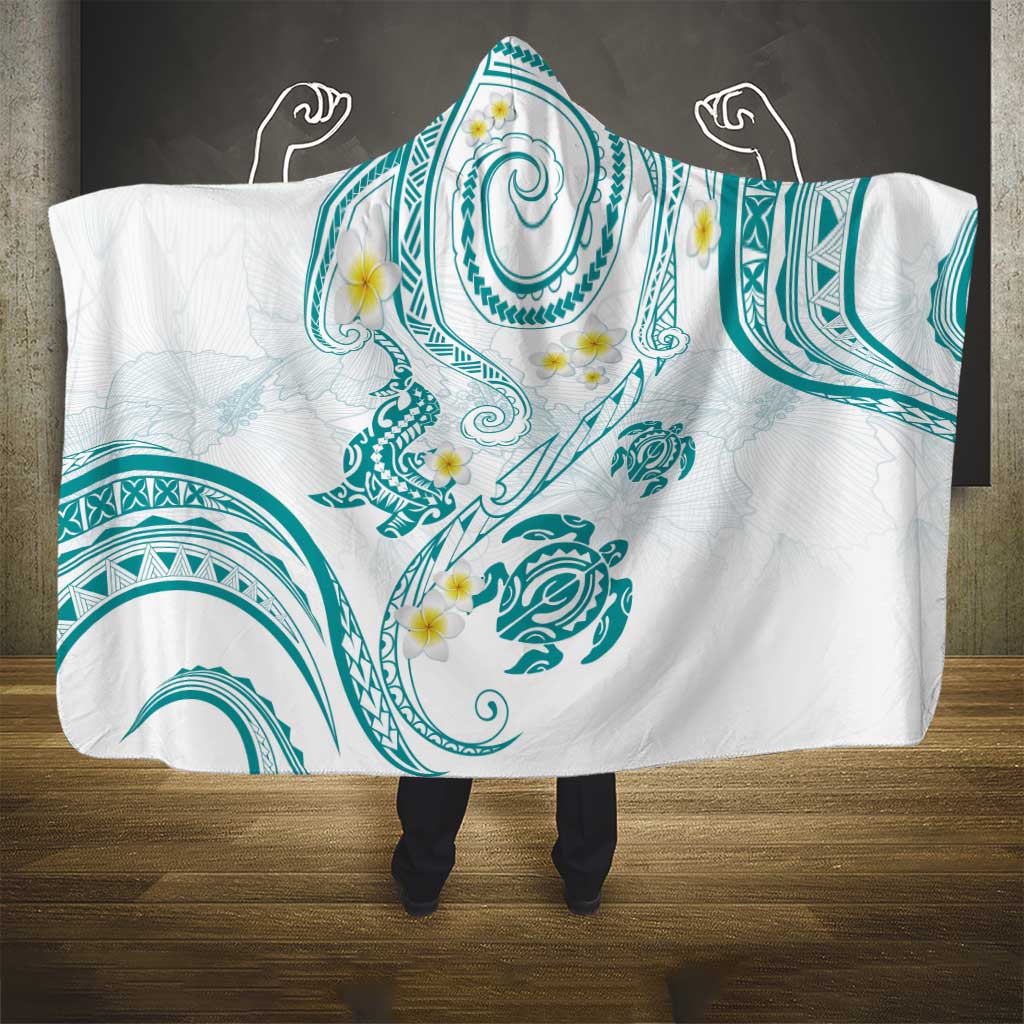Polynesia Tribal Hooded Blanket Teal Plumeria Tentacles