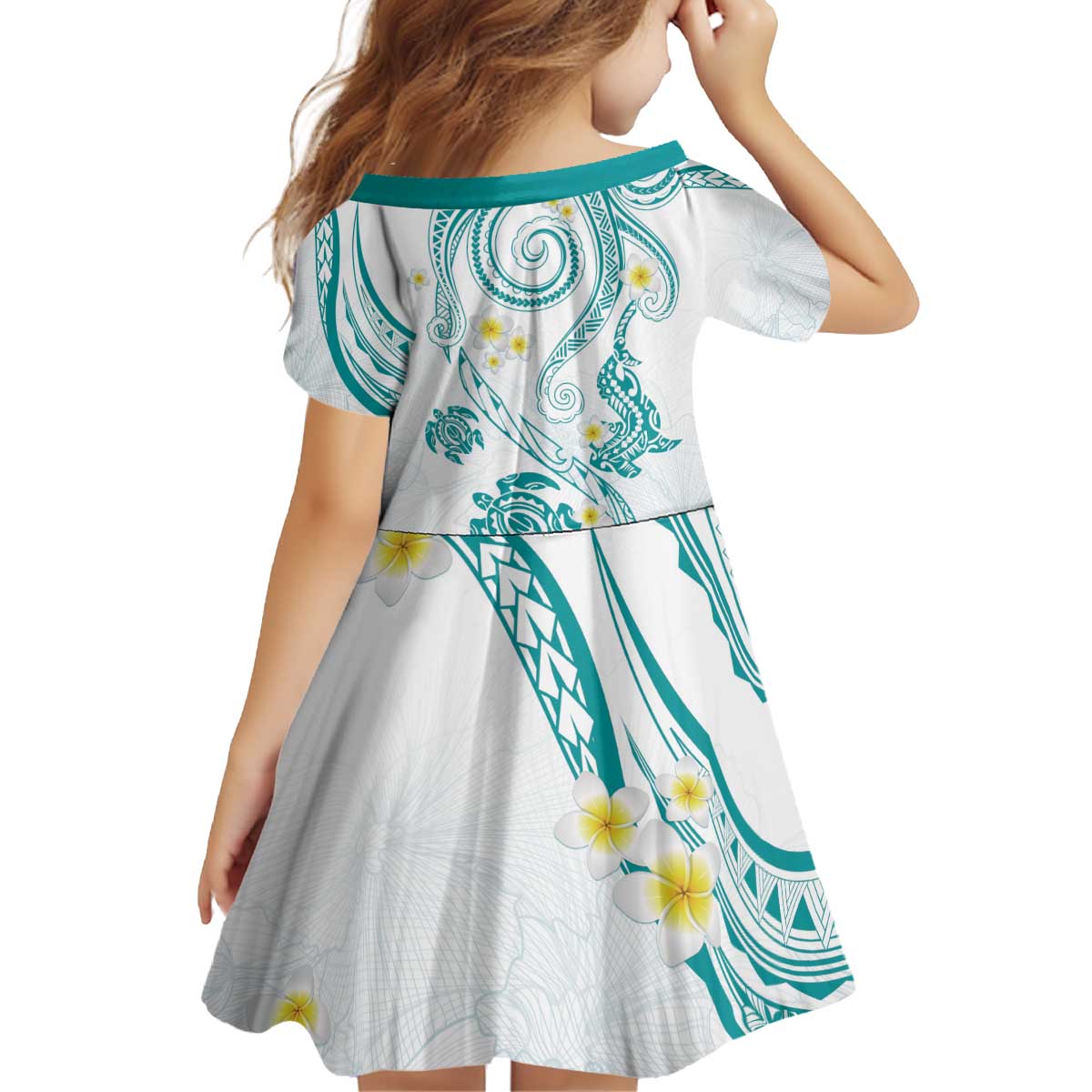 Polynesia Tribal Kid Short Sleeve Dress Teal Plumeria Tentacles LT7 - Polynesian Pride