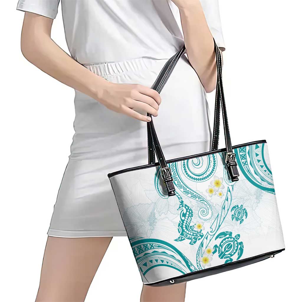Polynesia Tribal Leather Tote Bag Teal Plumeria Tentacles
