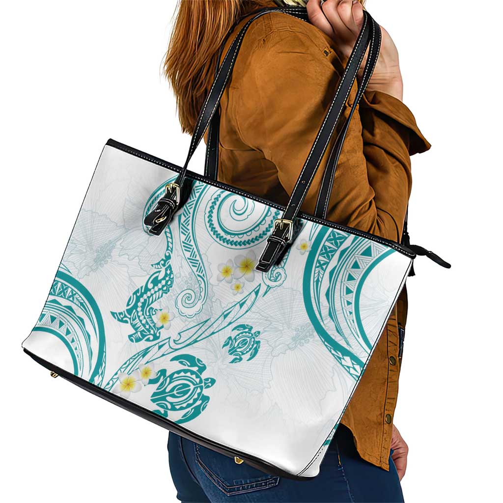 Polynesia Tribal Leather Tote Bag Teal Plumeria Tentacles