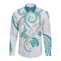 Polynesia Tribal Long Sleeve Button Shirt Teal Plumeria Tentacles
