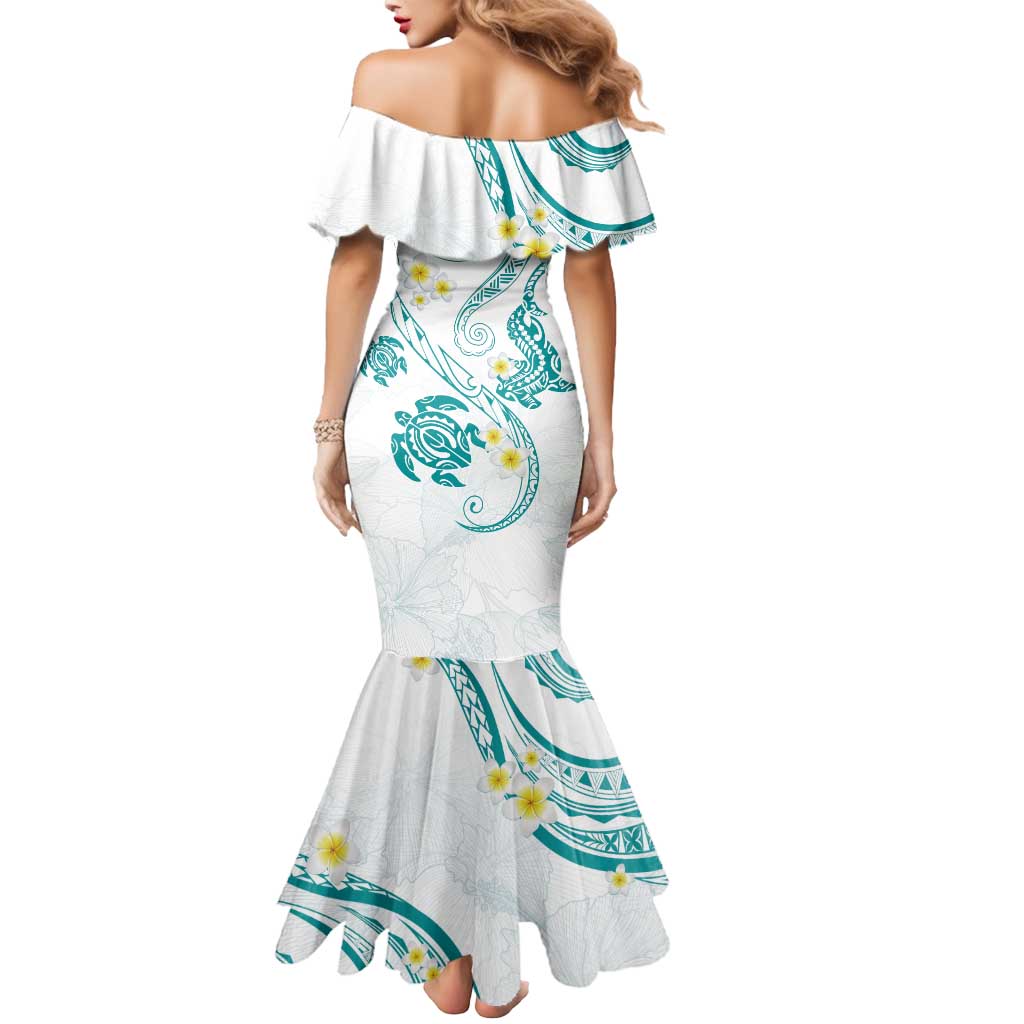 Polynesia Tribal Mermaid Dress Teal Plumeria Tentacles
