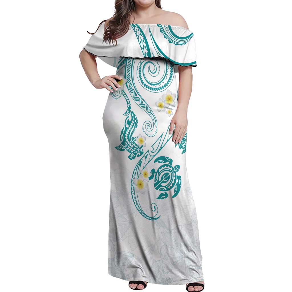 Polynesia Tribal Off Shoulder Maxi Dress Teal Plumeria Tentacles