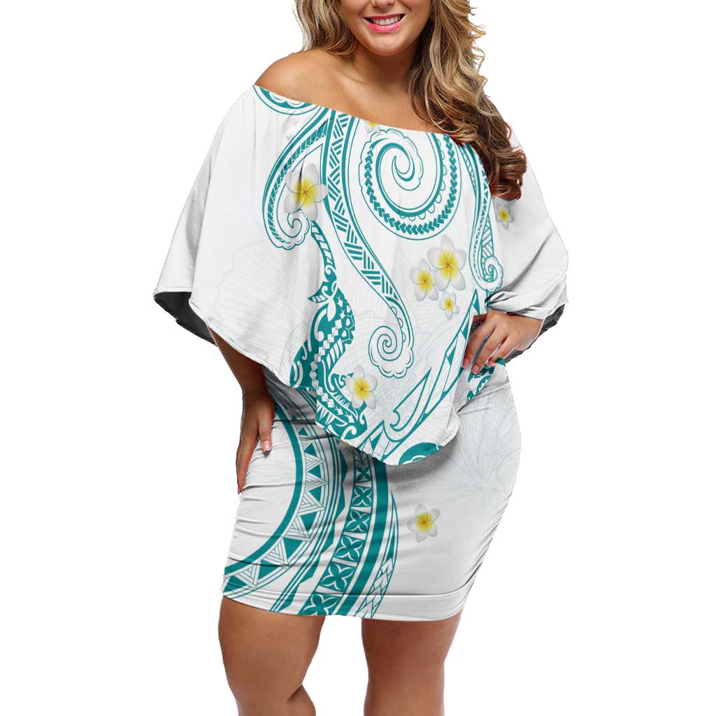 Polynesia Tribal Off Shoulder Short Dress Teal Plumeria Tentacles