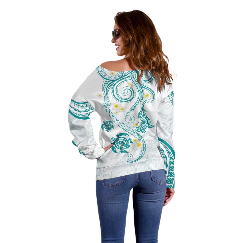 Polynesia Tribal Off Shoulder Sweater Teal Plumeria Tentacles