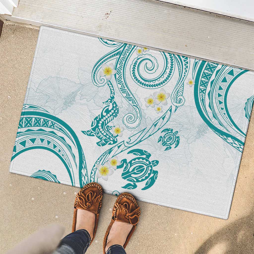 Polynesia Tribal Rubber Doormat Teal Plumeria Tentacles