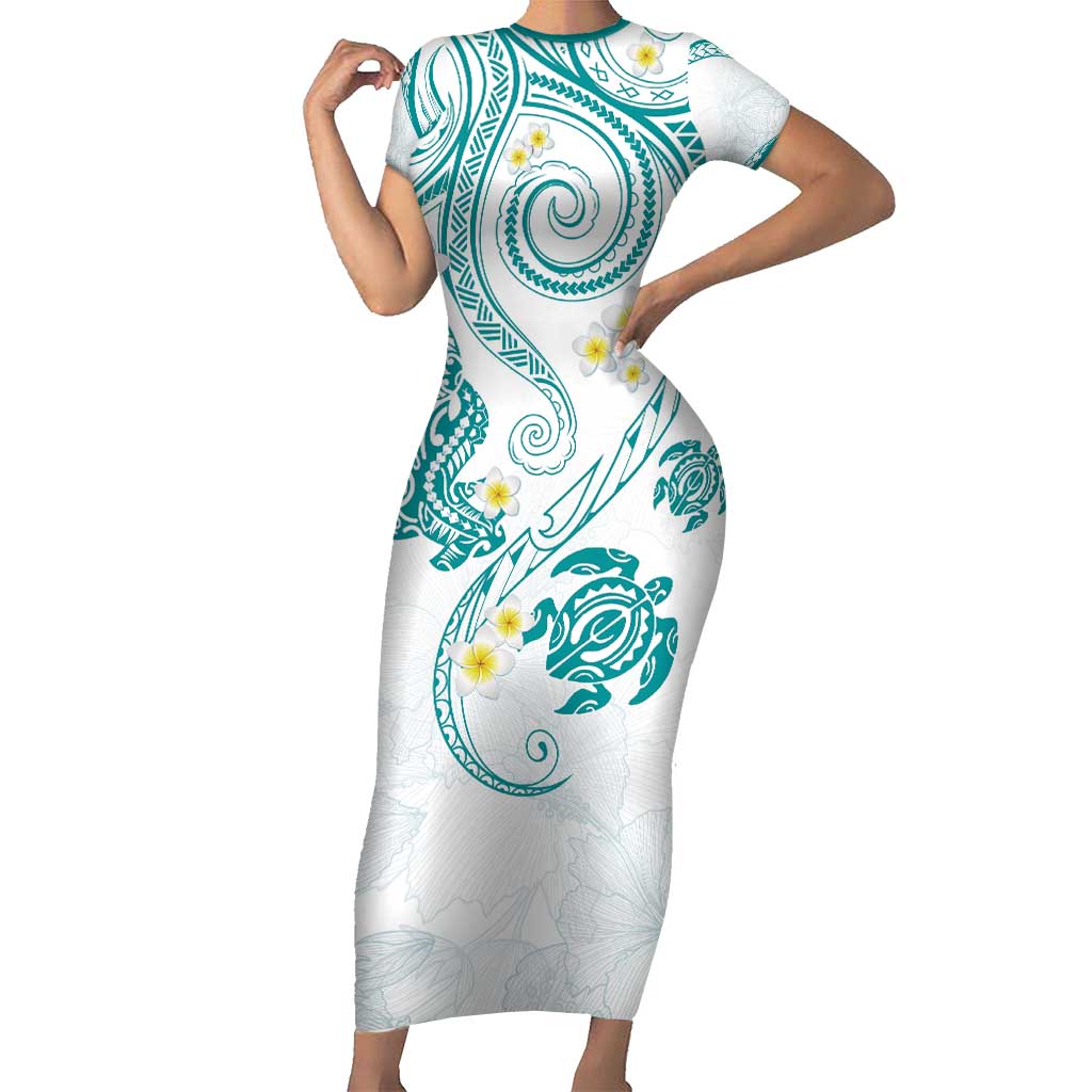 Polynesia Tribal Short Sleeve Bodycon Dress Teal Plumeria Tentacles