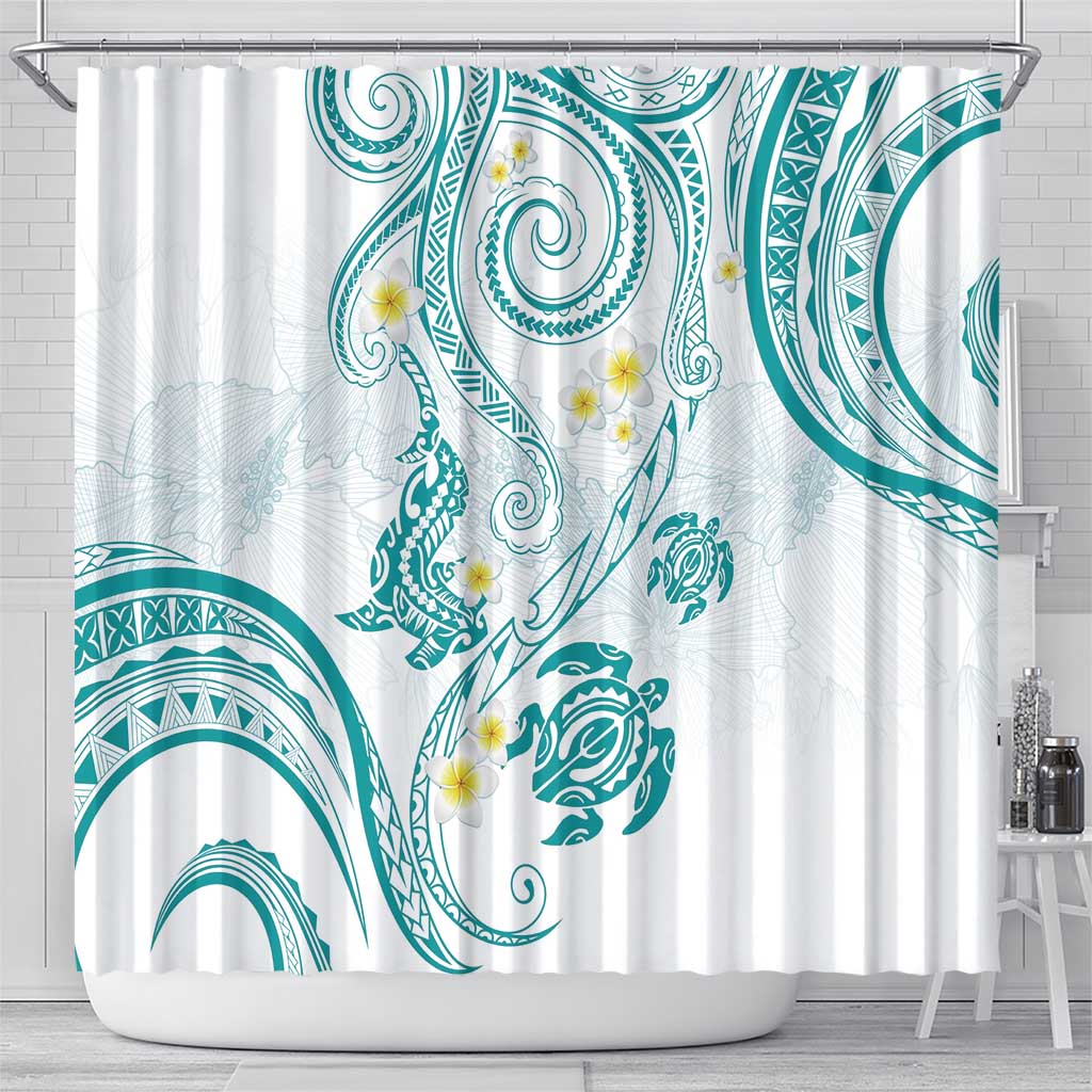 Polynesia Tribal Shower Curtain Teal Plumeria Tentacles