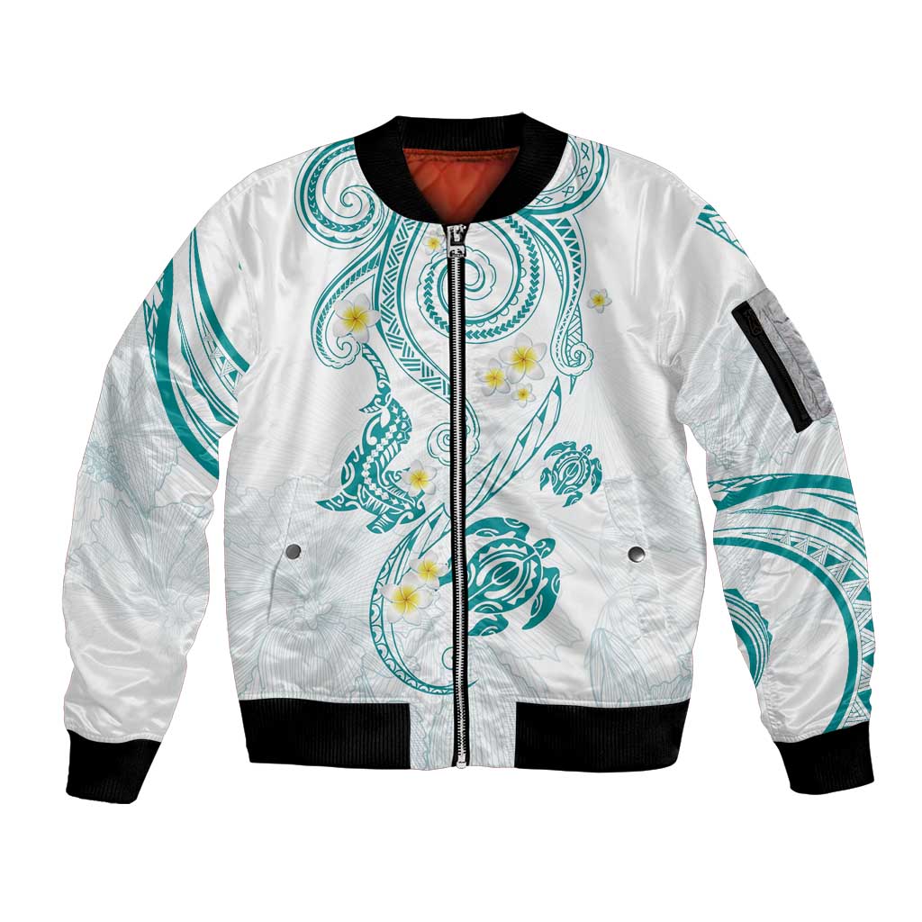 Polynesia Tribal Sleeve Zip Bomber Jacket Teal Plumeria Tentacles LT7 Unisex Teal - Polynesian Pride