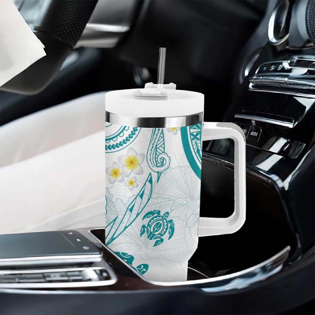 Polynesia Tribal Tumbler With Handle Teal Plumeria Tentacles