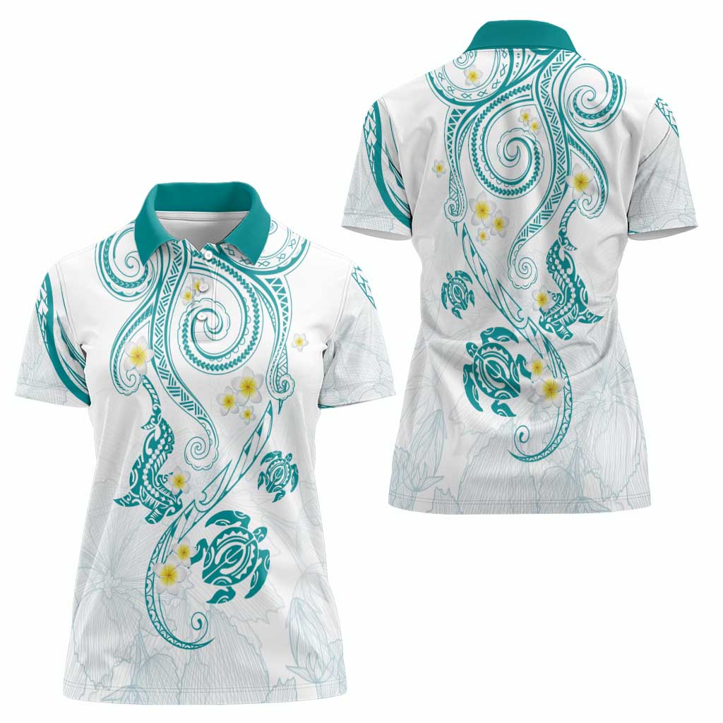 Polynesia Tribal Women Polo Shirt Teal Plumeria Tentacles
