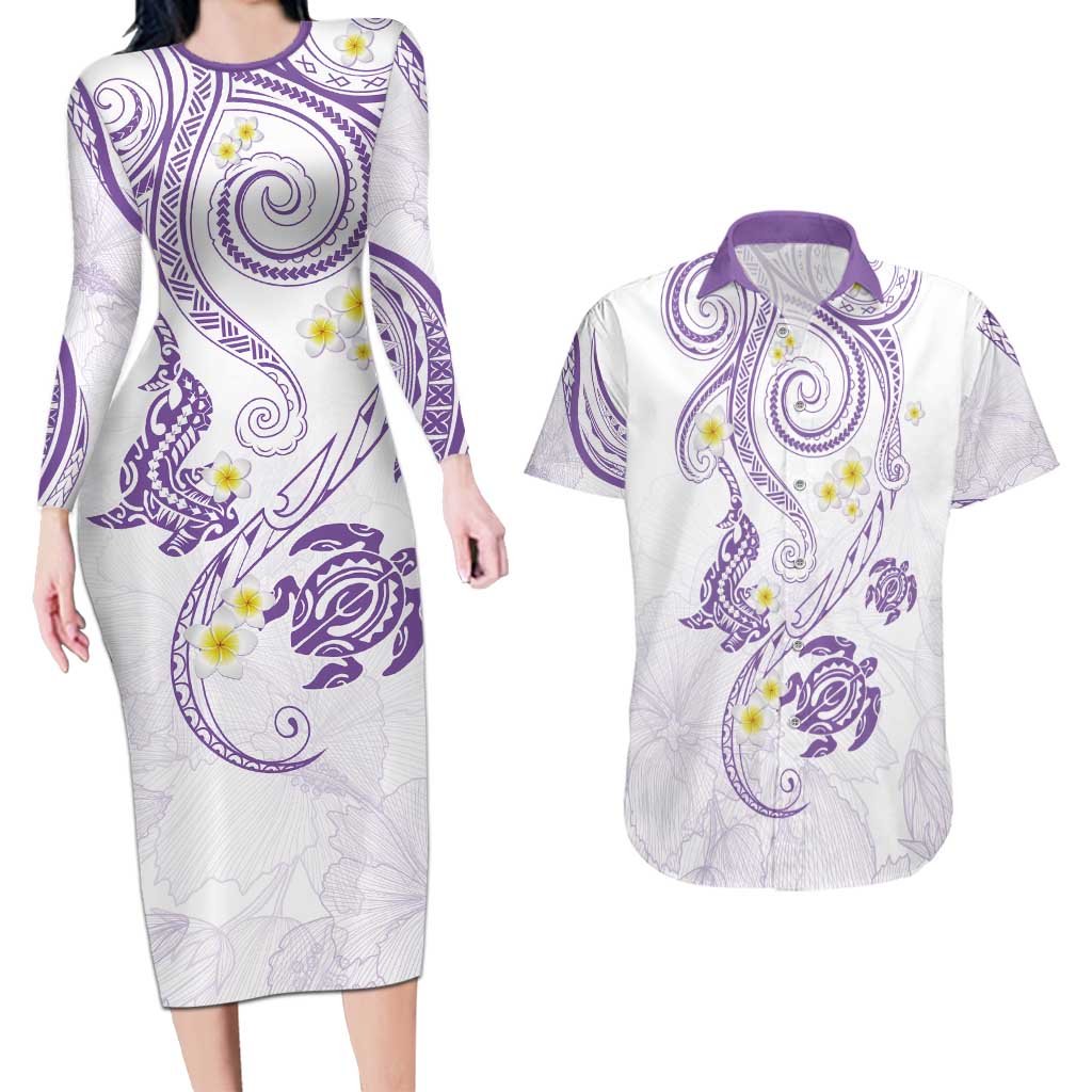 Polynesia Tribal Couples Matching Long Sleeve Bodycon Dress and Hawaiian Shirt Lilac Plumeria Tentacles LT7 Lilac - Polynesian Pride