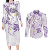 Polynesia Tribal Couples Matching Long Sleeve Bodycon Dress and Long Sleeve Button Shirt Lilac Plumeria Tentacles LT7 Lilac - Polynesian Pride