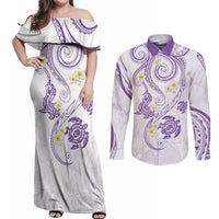 Polynesia Tribal Couples Matching Off Shoulder Maxi Dress and Long Sleeve Button Shirt Lilac Plumeria Tentacles