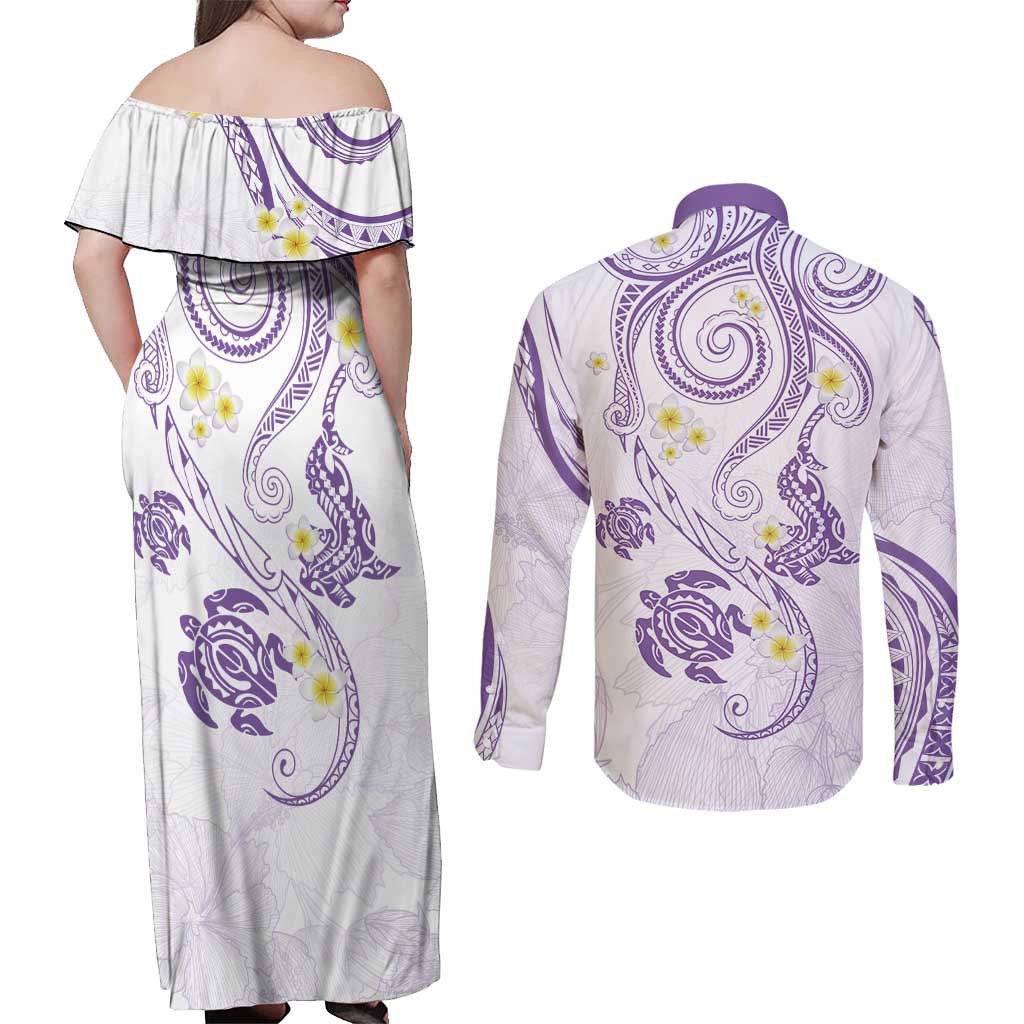 Polynesia Tribal Couples Matching Off Shoulder Maxi Dress and Long Sleeve Button Shirt Lilac Plumeria Tentacles