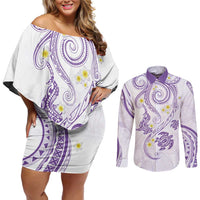 Polynesia Tribal Couples Matching Off Shoulder Short Dress and Long Sleeve Button Shirt Lilac Plumeria Tentacles