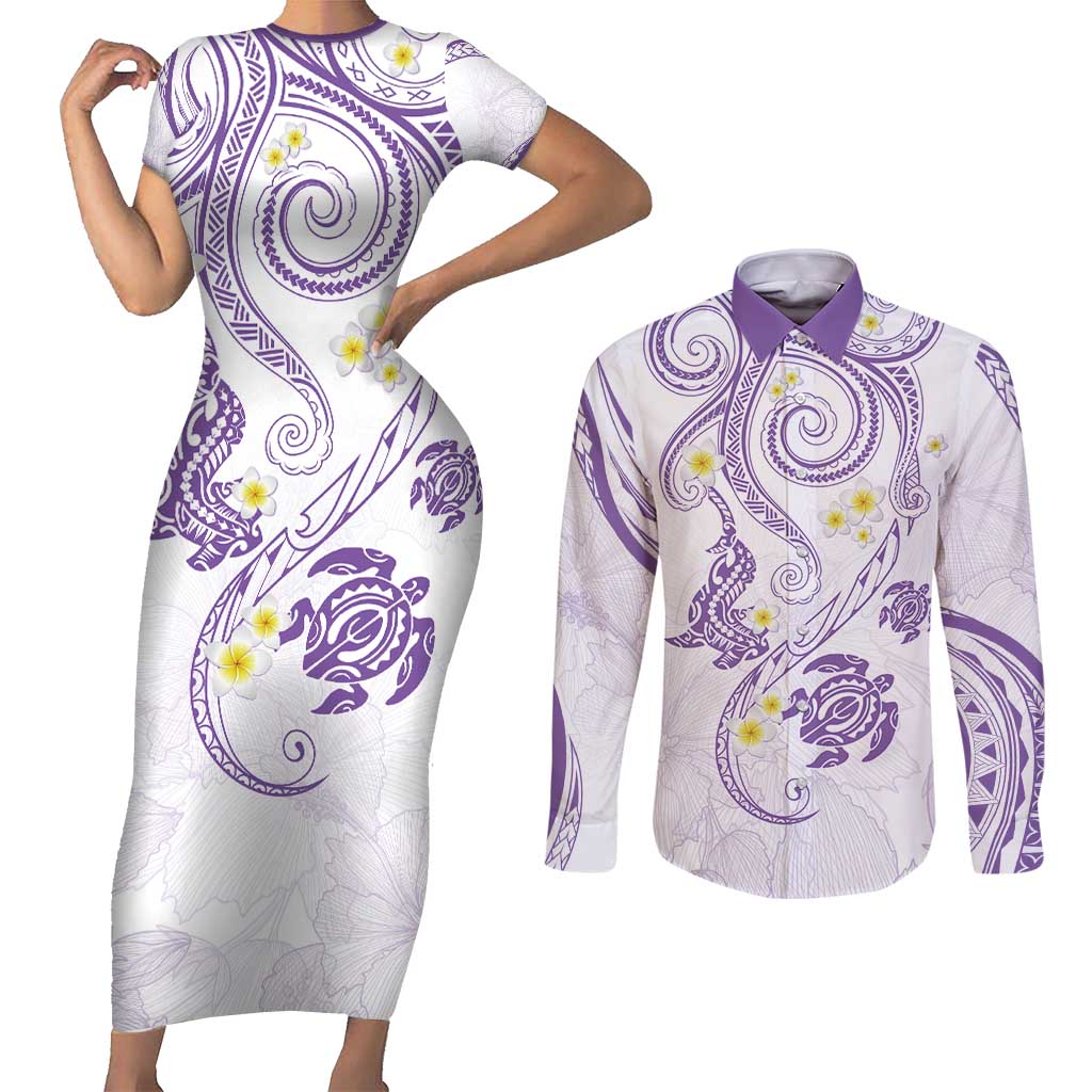 Polynesia Tribal Couples Matching Short Sleeve Bodycon Dress and Long Sleeve Button Shirt Lilac Plumeria Tentacles