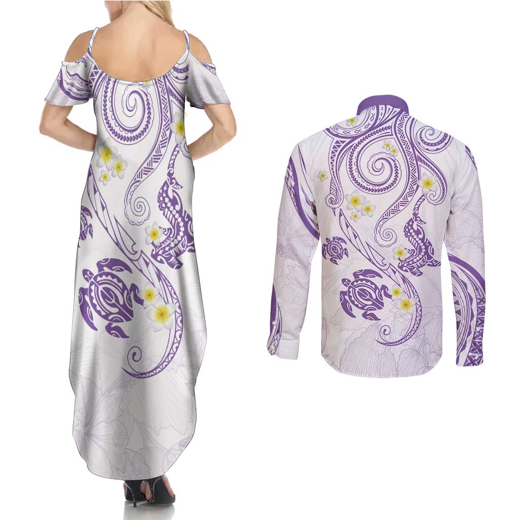 Polynesia Tribal Couples Matching Summer Maxi Dress and Long Sleeve Button Shirt Lilac Plumeria Tentacles