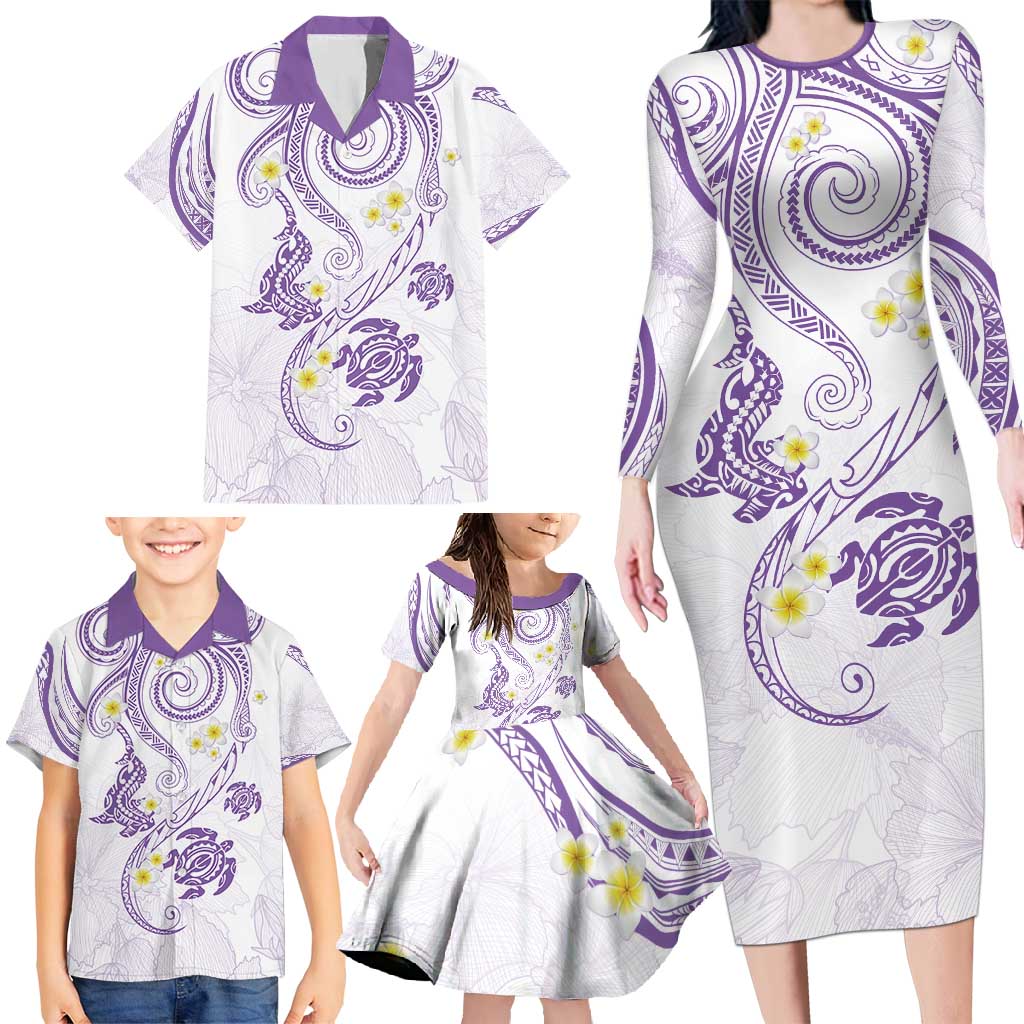 Polynesia Tribal Family Matching Long Sleeve Bodycon Dress and Hawaiian Shirt Lilac Plumeria Tentacles
