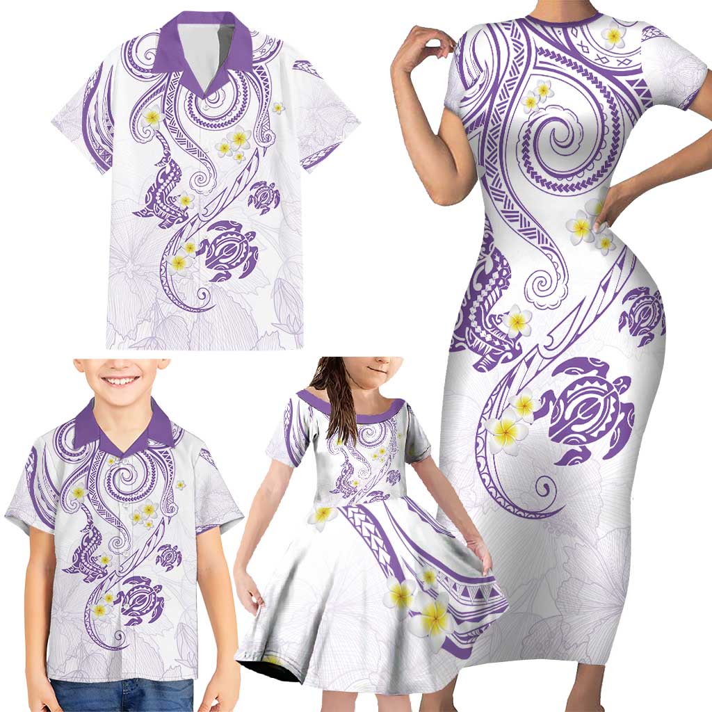 Polynesia Tribal Family Matching Short Sleeve Bodycon Dress and Hawaiian Shirt Lilac Plumeria Tentacles