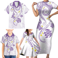 Polynesia Tribal Family Matching Short Sleeve Bodycon Dress and Hawaiian Shirt Lilac Plumeria Tentacles