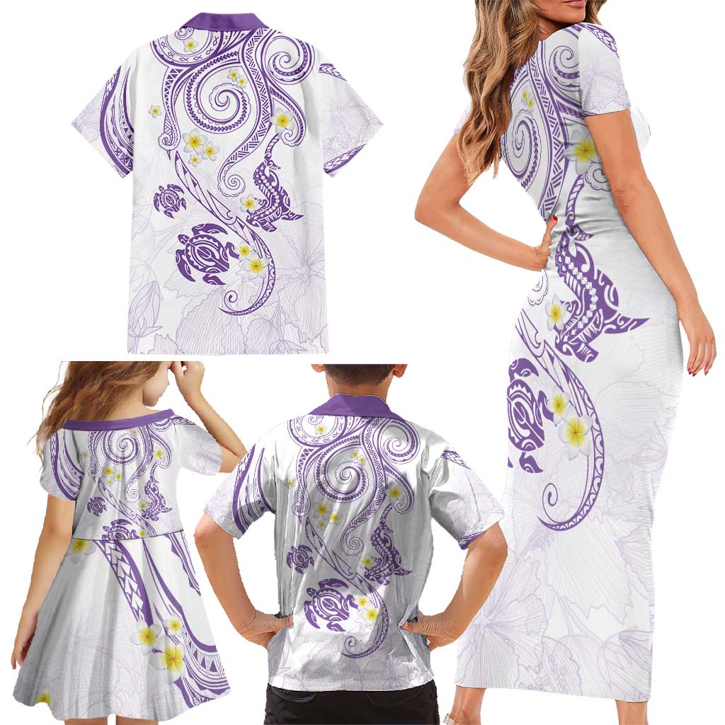 Polynesia Tribal Family Matching Short Sleeve Bodycon Dress and Hawaiian Shirt Lilac Plumeria Tentacles