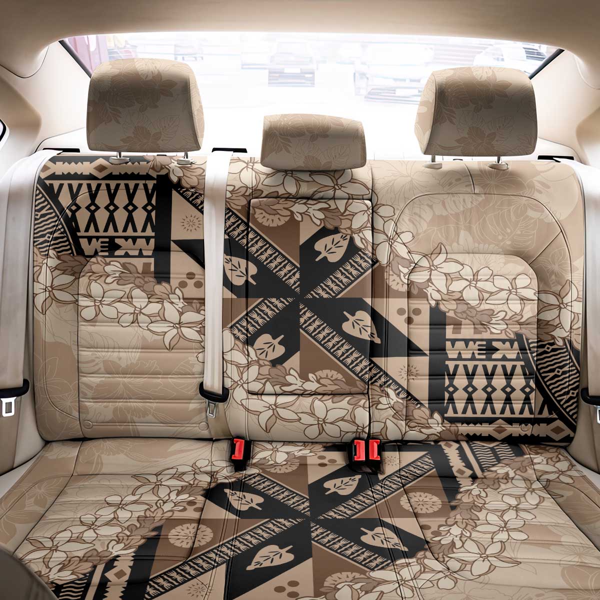 Bula Fiji Plumeria Tagimoucia Salusalu Beige Back Car Seat Cover Kaiviti Masi LT7 - Polynesian Pride