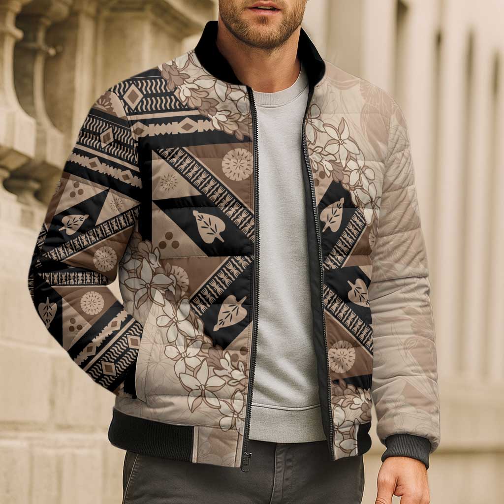 Bula Fiji Plumeria Tagimoucia Salusalu Beige Bomber Puffer Jacket Kaiviti Masi - Polynesian Pride