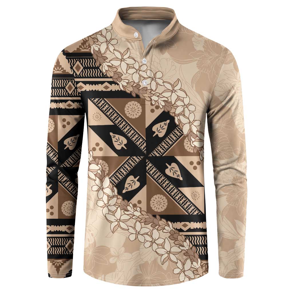 Bula Fiji Plumeria Tagimoucia Salusalu Beige Button Sweatshirt Kaiviti Masi LT7 Beige - Polynesian Pride