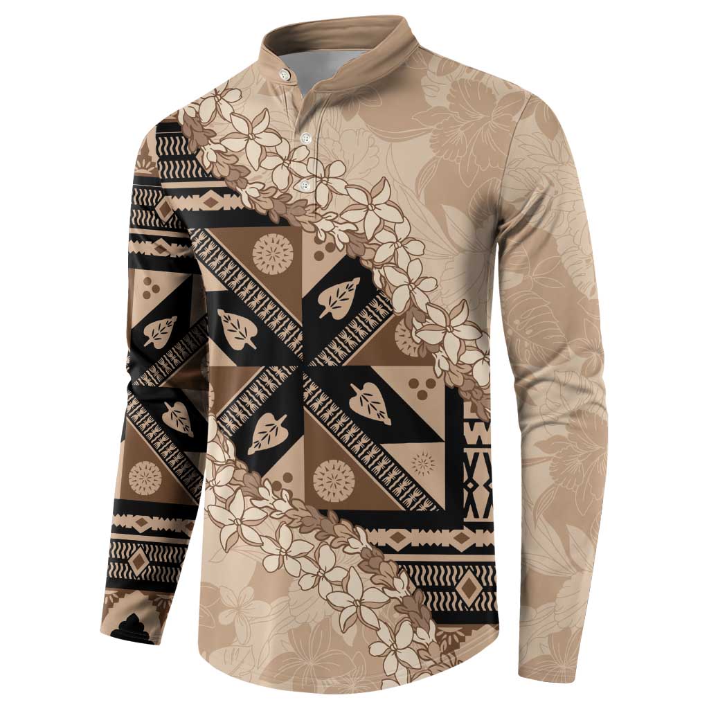 Bula Fiji Plumeria Tagimoucia Salusalu Beige Button Sweatshirt Kaiviti Masi LT7 - Polynesian Pride