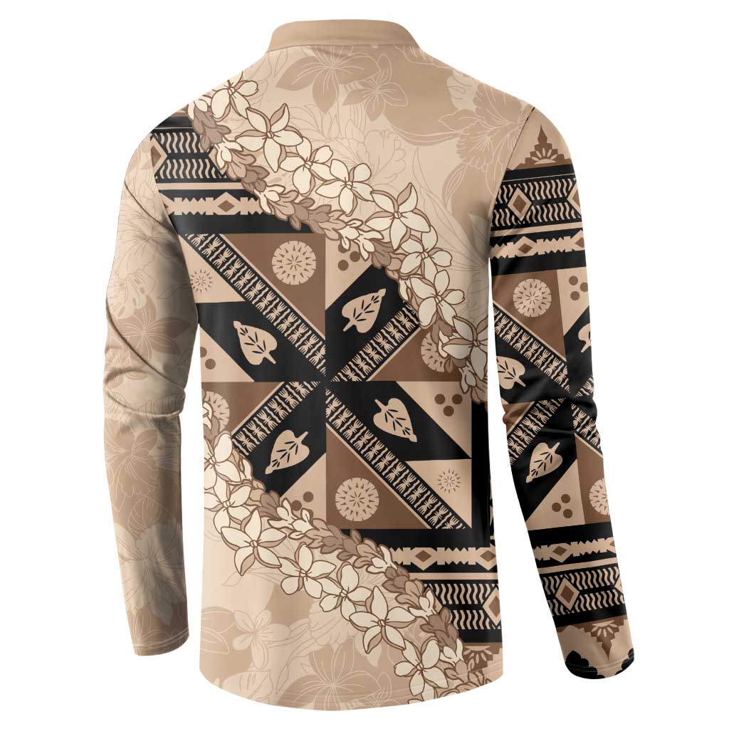 Bula Fiji Plumeria Tagimoucia Salusalu Beige Button Sweatshirt Kaiviti Masi LT7 - Polynesian Pride