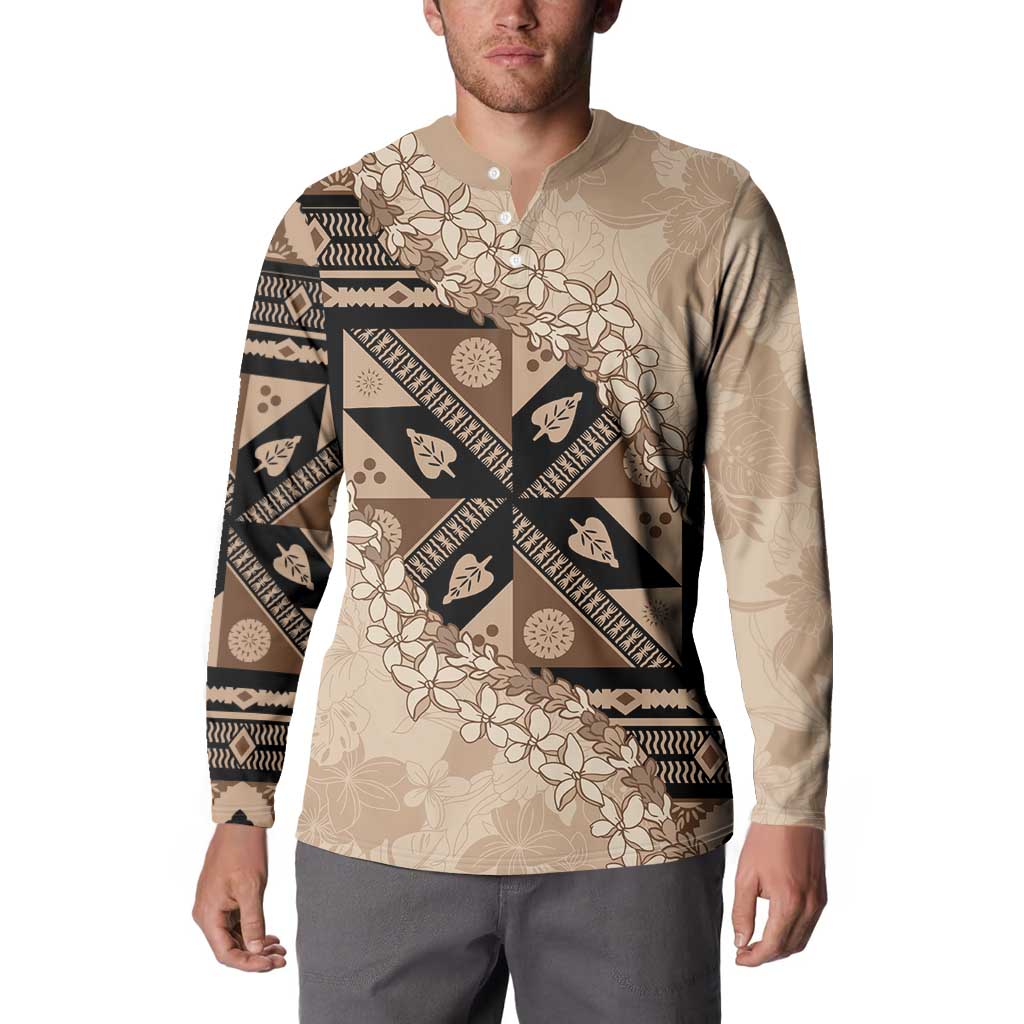Bula Fiji Plumeria Tagimoucia Salusalu Beige Button Sweatshirt Kaiviti Masi LT7 - Polynesian Pride