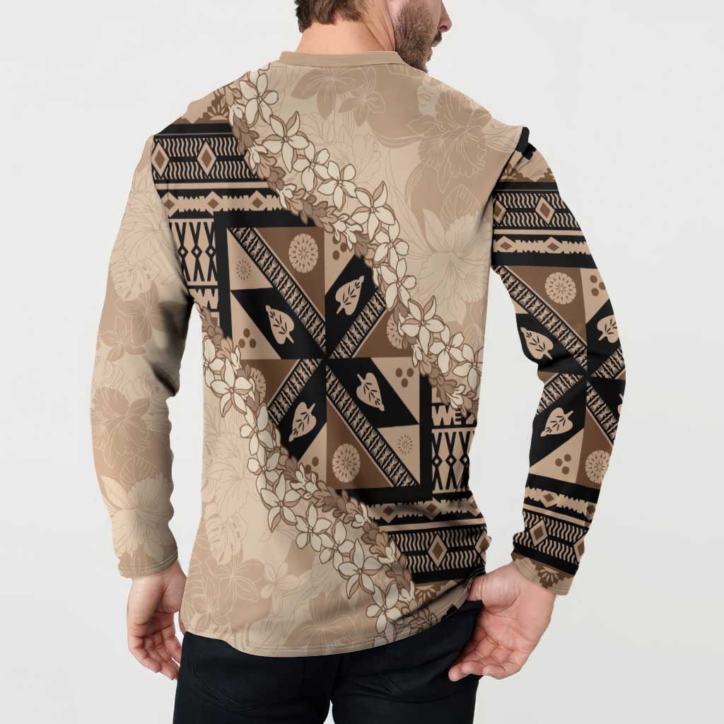 Bula Fiji Plumeria Tagimoucia Salusalu Beige Button Sweatshirt Kaiviti Masi LT7 - Polynesian Pride