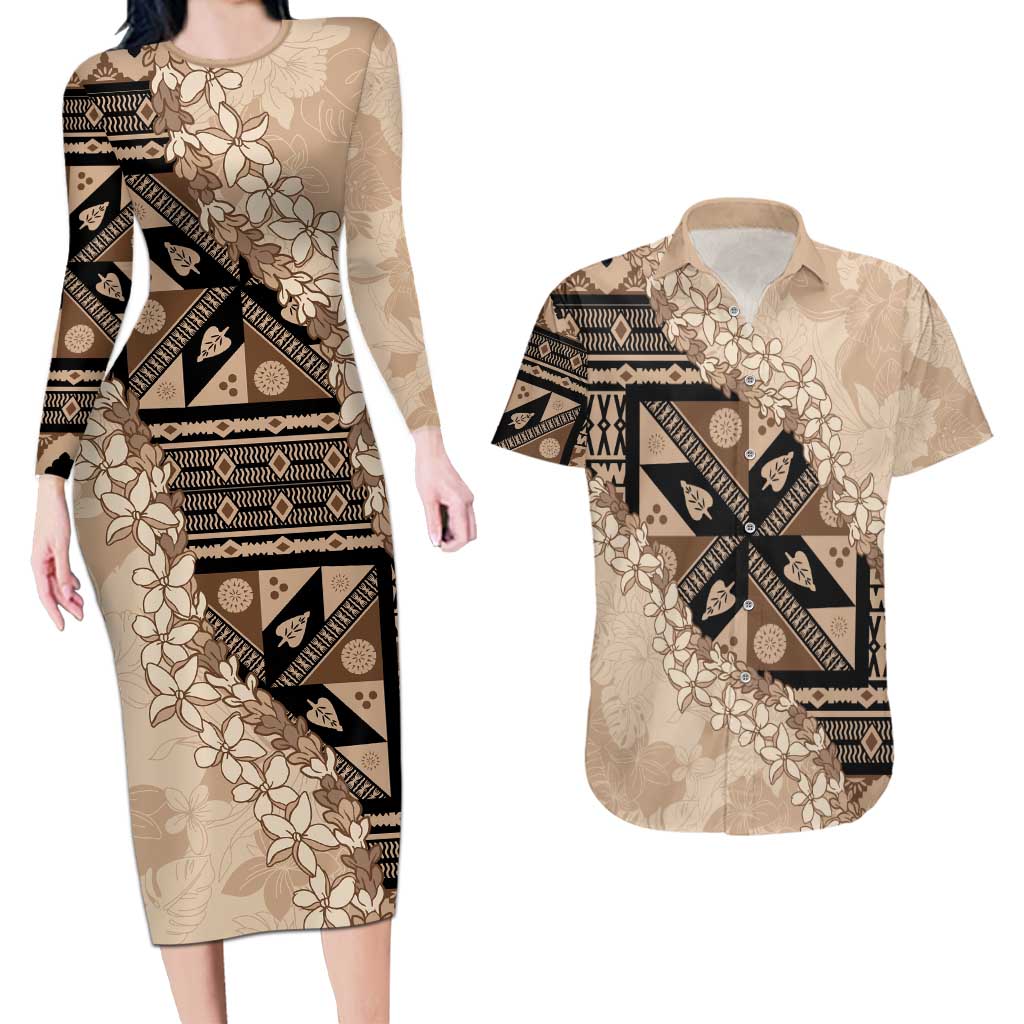 Bula Fiji Plumeria Tagimoucia Salusalu Beige Couples Matching Long Sleeve Bodycon Dress and Hawaiian Shirt Kaiviti Masi LT7 Beige - Polynesian Pride