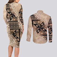 Bula Fiji Plumeria Tagimoucia Salusalu Beige Couples Matching Long Sleeve Bodycon Dress and Long Sleeve Button Shirt Kaiviti Masi LT7 - Polynesian Pride