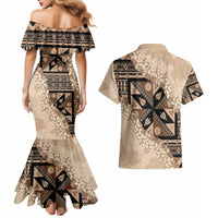 Bula Fiji Plumeria Tagimoucia Salusalu Beige Couples Matching Mermaid Dress and Hawaiian Shirt Kaiviti Masi LT7 - Polynesian Pride