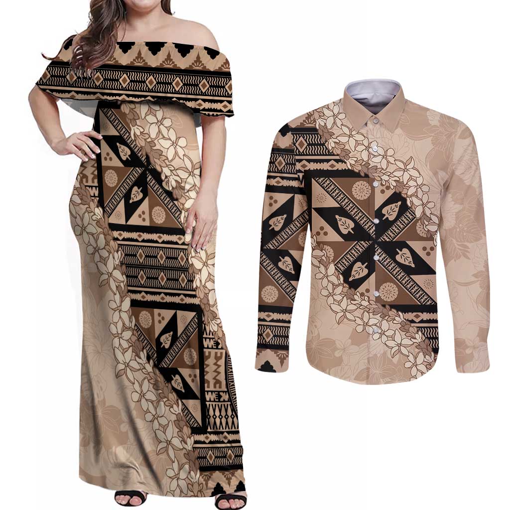 Bula Fiji Plumeria Tagimoucia Salusalu Beige Couples Matching Off Shoulder Maxi Dress and Long Sleeve Button Shirt Kaiviti Masi LT7 Beige - Polynesian Pride