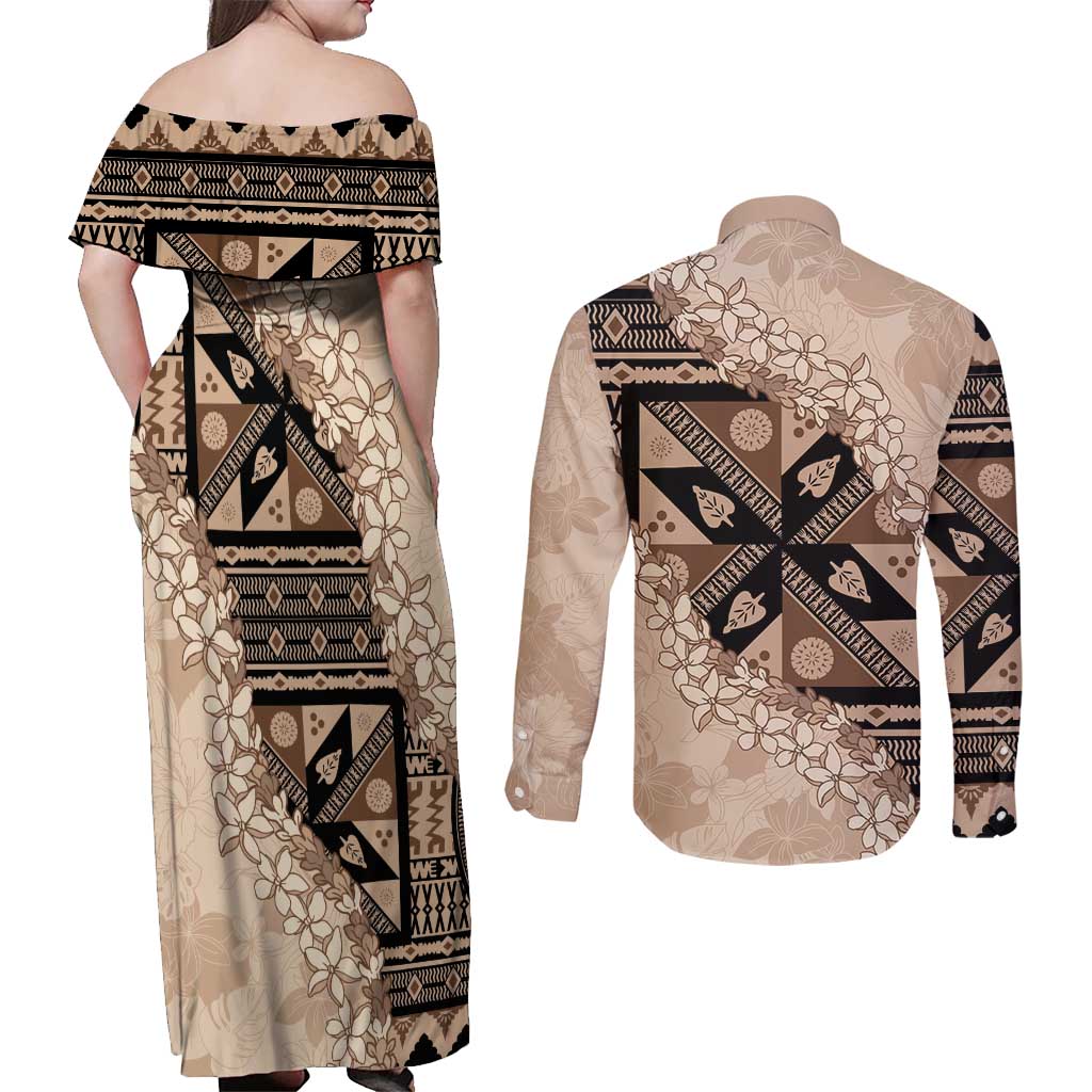 Bula Fiji Plumeria Tagimoucia Salusalu Beige Couples Matching Off Shoulder Maxi Dress and Long Sleeve Button Shirt Kaiviti Masi LT7 - Polynesian Pride