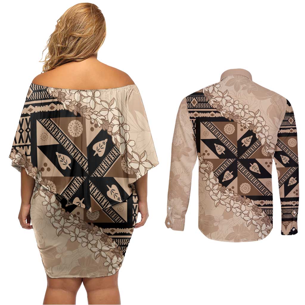 Bula Fiji Plumeria Tagimoucia Salusalu Beige Couples Matching Off Shoulder Short Dress and Long Sleeve Button Shirt Kaiviti Masi LT7 - Polynesian Pride