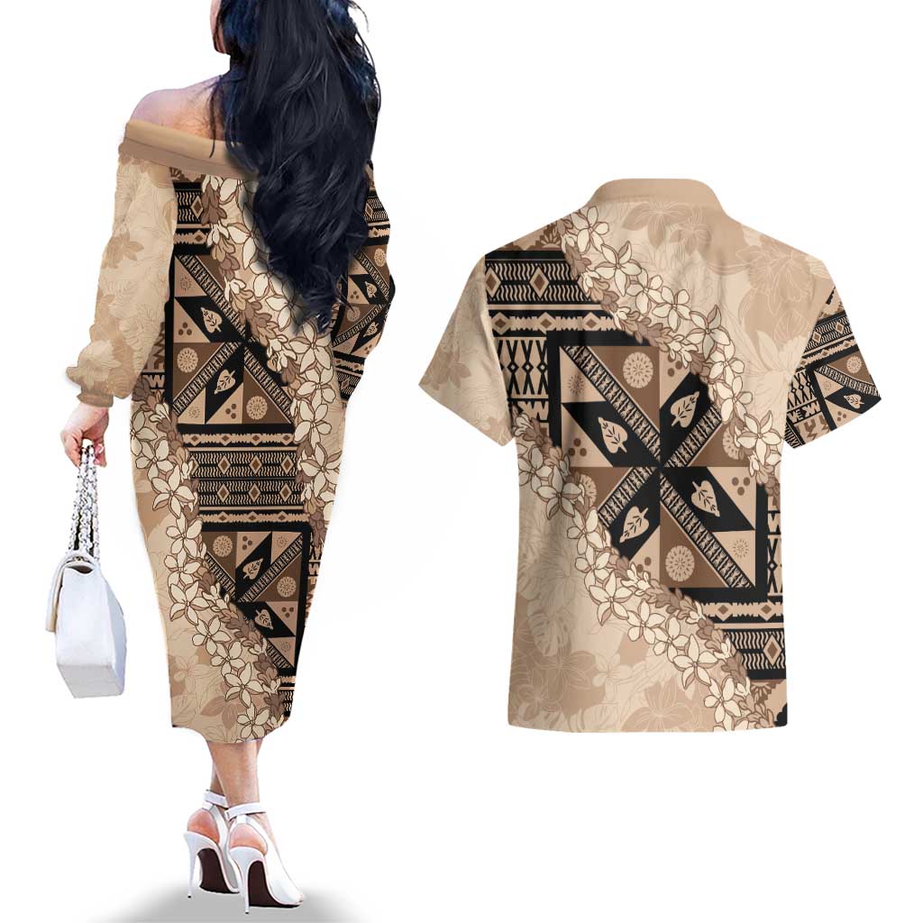 Bula Fiji Plumeria Tagimoucia Salusalu Beige Couples Matching Off The Shoulder Long Sleeve Dress and Hawaiian Shirt Kaiviti Masi LT7 - Polynesian Pride