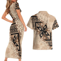 Bula Fiji Plumeria Tagimoucia Salusalu Beige Couples Matching Short Sleeve Bodycon Dress and Hawaiian Shirt Kaiviti Masi LT7 - Polynesian Pride