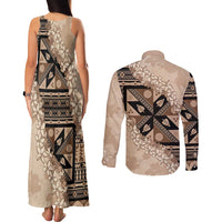 Bula Fiji Plumeria Tagimoucia Salusalu Beige Couples Matching Tank Maxi Dress and Long Sleeve Button Shirt Kaiviti Masi LT7 - Polynesian Pride