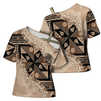 Bula Fiji Plumeria Tagimoucia Salusalu Beige Cross Shoulder Shirt Kaiviti Masi LT7 - Polynesian Pride